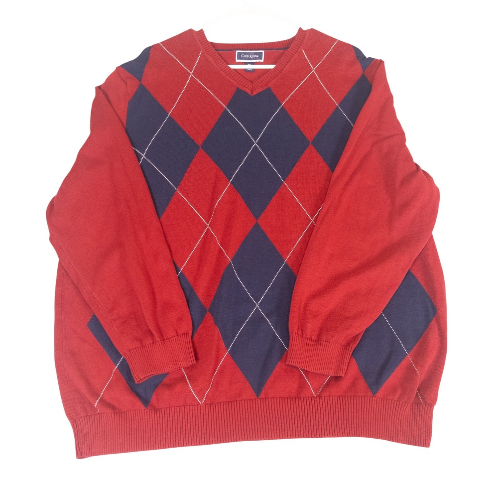 Club Room Mens 3XL Red Argyle V-Neck Sweater 100% Pima Cotton Navy Blue